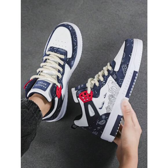 Size 11 men’s sneakers, high-top, strap, random print, flat sole, casual style - Picture 4 of 9